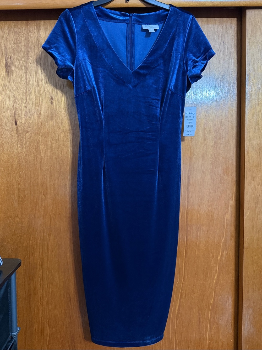 Navy Blue Velvet V-Neck Sheath Dress medium